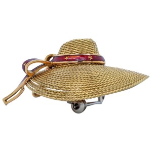 18 Karat Yellow Gold and Red Enamel Straw Hat Brooch