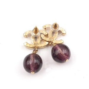 Chanel CC Gold Tone Metal Plum Stone Bead Dangle Piercing Earrings