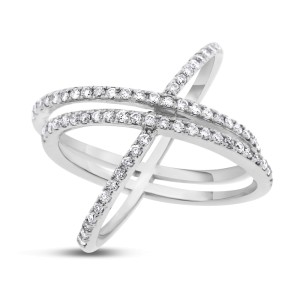 14k White Gold 0.58ct. Diamond Double Row Crossover X Ring Size 7 