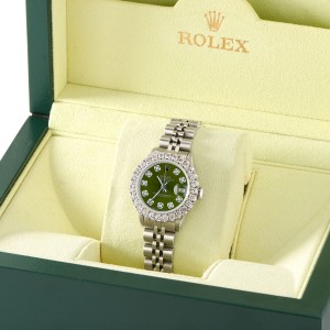 Rolex Datejust Steel 26mm Jubilee Watch 2CT Diamond Bezel / Royal Green Dial