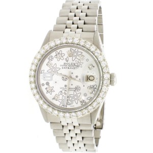 Rolex Datejust 36MM Automatic Stainless Steel Jubilee Watch w/Silver Floral Diamond Dial & 2.7Ct Bezel