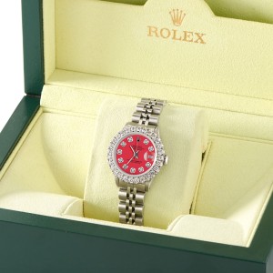 Rolex Datejust Steel 26mm Jubilee Watch 2CT Diamond Bezel / Scarlet Red Dial