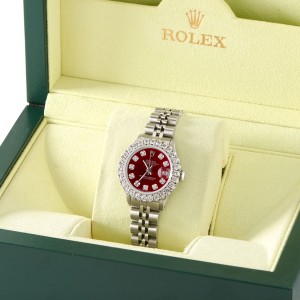 Rolex Datejust Steel 26mm Jubilee Watch 2CT Diamond Bezel / Candy Red Dial
