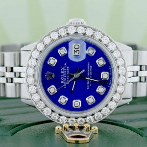 Rolex Datejust Ladies 26MM Automatic Steel Jubilee Watch w/Royal Blue Diamond Dial & 1.35Ct Bezel
