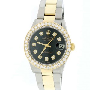 Rolex Datejust 2-Tone Gold/SS Midsize 31mm Womens Oyster Watch w/Black Diamond Dial & 1.52CT Bezel