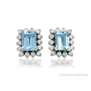 Diamond, Aquamarine and 14K White Gold Stud Earrings 2.1 Carats, $3950 AGS Cert.
