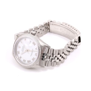 Rolex Datejust Stainless Steel White Roman Numeral Dial & Diamond Bezel 36mm Mens Watch
