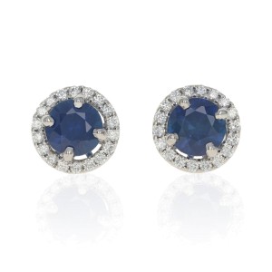 White Gold Sapphire & Diamond Halo Stud Earrings - 14k Round Cut 1.34ctw Pierced