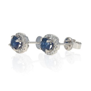 White Gold Sapphire & Diamond Halo Stud Earrings - 14k Round Cut 1.34ctw Pierced