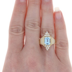 Yellow Gold Blue Topaz & Diamond Ring - 14k Emerald Cut 3.00ctw