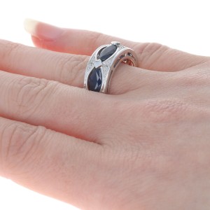 White Gold Sapphire & Diamond Three-Stone Band - 14k Marquise Cut 2.02ctw Ring
