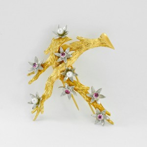 Blossoming Tree Brooch Pin 18K Gold Genuine Cabochon Rubies & Round Pearls 