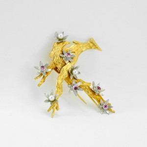 Blossoming Tree Brooch Pin 18K Gold Genuine Cabochon Rubies & Round Pearls 