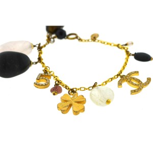Chanel Gold Tone Cc Logo Crystal Charms No 5 Clover Stone Gems Quartz  Bracelet, CHANEL