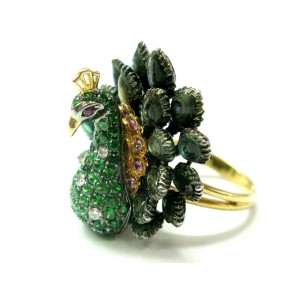 Peacock Garnet Sapphire Diamond & Mother Of Pearl Ring 14Kt Yellow Gold 8.84Ct