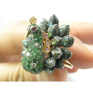 Peacock Garnet Sapphire Diamond & Mother Of Pearl Ring 14Kt Yellow Gold 8.84Ct