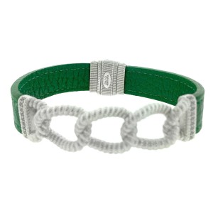 Judith Ripka Sterling Silver Chain Green Leather Bracelet 