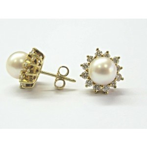 Tiffany & Co 18Kt Pearl & Alternating Diamond Yellow Gold Stud Earrings