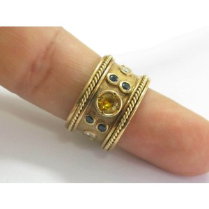 WIDE Multi Color Sapphire & Diamond Ring 14Kt Yellow Gold .80Ct Size 8 14mm