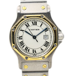 Cartier Santos Octagon 18K TwoTone Ladies Automatic Watch White Dial 29mm