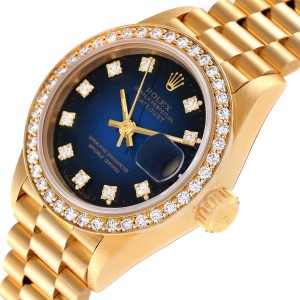 Rolex President Yellow Gold Blue Vignette Diamond Ladies Watch 