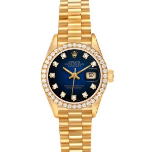 Rolex President Yellow Gold Blue Vignette Diamond Ladies Watch 