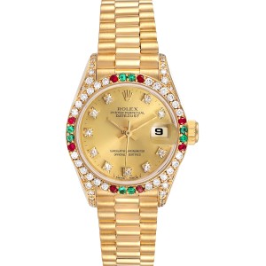 Rolex President Datejust Yellow Gold Diamond Ruby Emerald Watch 69038