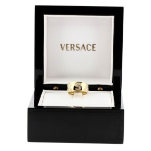 Versace 18K Yellow Gold Pave Diamond Logo Ring Size 6.25