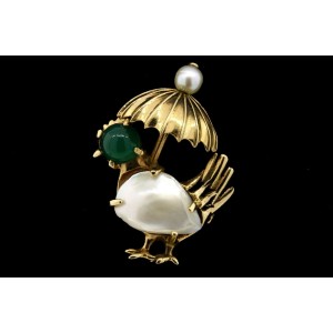 14k Gold Turkey & Umbrella Pin Brooch Green Jade Pearl Rooster Chicken Peacock
