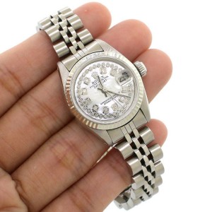 Rolex Datejust 26mm Steel Watch w/White Gold Fluted Bezel/White MOP Diamond Dial