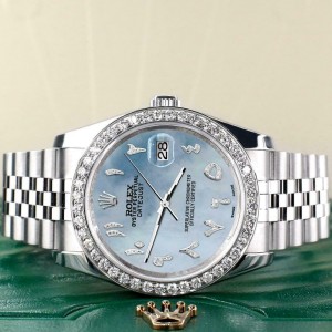 Rolex Datejust 116200 36mm 2ct Diamond Bezel/SkyBlue MOP Arabic Dial Steel Watch