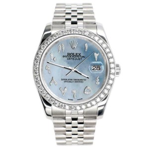 Rolex Datejust 116200 36mm 2ct Diamond Bezel/SkyBlue MOP Arabic Dial Steel Watch