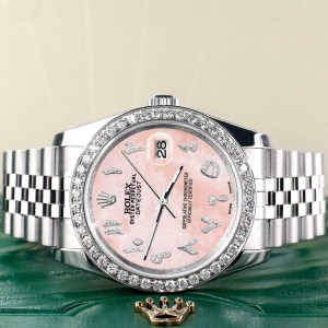 Rolex Datejust 116200 36mm 2ct Diamond Bezel/Royal Pink Arabic Dial Steel Watch