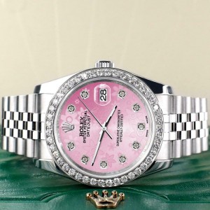 Rolex Datejust 116200 36mm 1.85ct Diamond Bezel/Pink Flower Dial Steel Watch