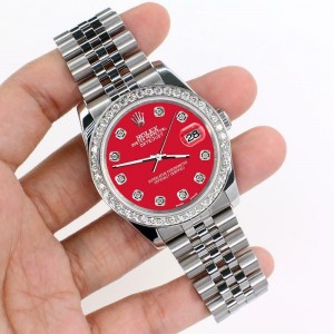 Rolex Datejust 116200 36mm 1.85ct Diamond Bezel/Scarlet Red Dial Steel Watch
