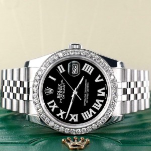 Rolex Datejust 116200 36mm 2.0ct Diamond Bezel/Black Roman Dial Steel Watch