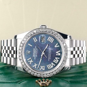 Rolex Datejust 116200 36mm 2.0ct Diamond Bezel/BlackPearl Roman Dial Steel Watch