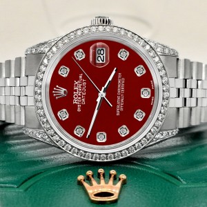 Rolex Datejust 36mm Steel Watch 2.85ct Diamond Bezel/Pave Case/Imperial Red Dial