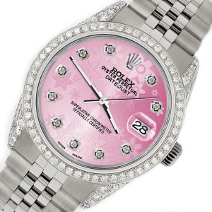 Rolex Datejust 36mm Steel Watch 2.85ct Diamond Bezel/Pave Case/Pink Flower Dial