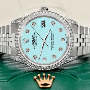 Rolex Datejust 36mm Steel Watch 2.85ct Diamond Bezel/Pave Case/Aqua Blue Dial