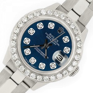 Rolex Datejust 26mm Steel Watch 1.3ct Diamond Bezel/Peacock Blue Diamond Dial