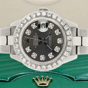 Rolex Datejust 26mm Steel Watch 1.3ct Diamond Bezel/Charcoal Grey Diamond Dial