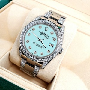Rolex Datejust 36mm 5.9ct Diamond Bezel/Lugs/Bracelet/Aqua Blue Dial/Box Papers