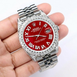 Rolex Datejust 41mm 5.9CT Bezel/Lugs/Sides/Red MOP Roman Dial Watch 