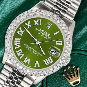 Rolex Datejust 36mm 4.6ct Dome Diamond Bezel/Royal Green Roman Dial Steel Watch