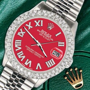 Rolex Datejust 36mm 4.6ct Dome Diamond Bezel/Scarlet Red Roman Dial Steel Watch
