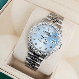 Rolex Datejust 31mm 2.95ct Diamond Bezel/Lugs/Blue Flower Dial Midsize Watch