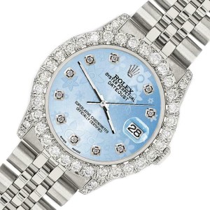 Rolex Datejust 31mm 2.95ct Diamond Bezel/Lugs/Blue Flower Dial Midsize Watch