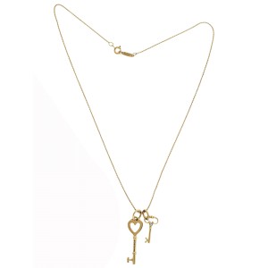 Tiffany & Co Double Key Diamond Pendant Necklace In 18K Yellow Gold