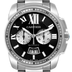 Cartier Calibre Black Dial Cronograph Steel Mens Watch W7100061 Box Papers